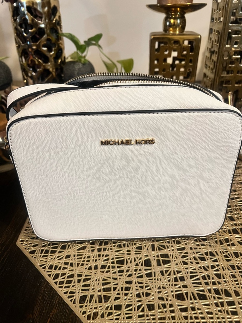 Michael Kors White Saffiano Crossbody Camera Bag with Gold Logo